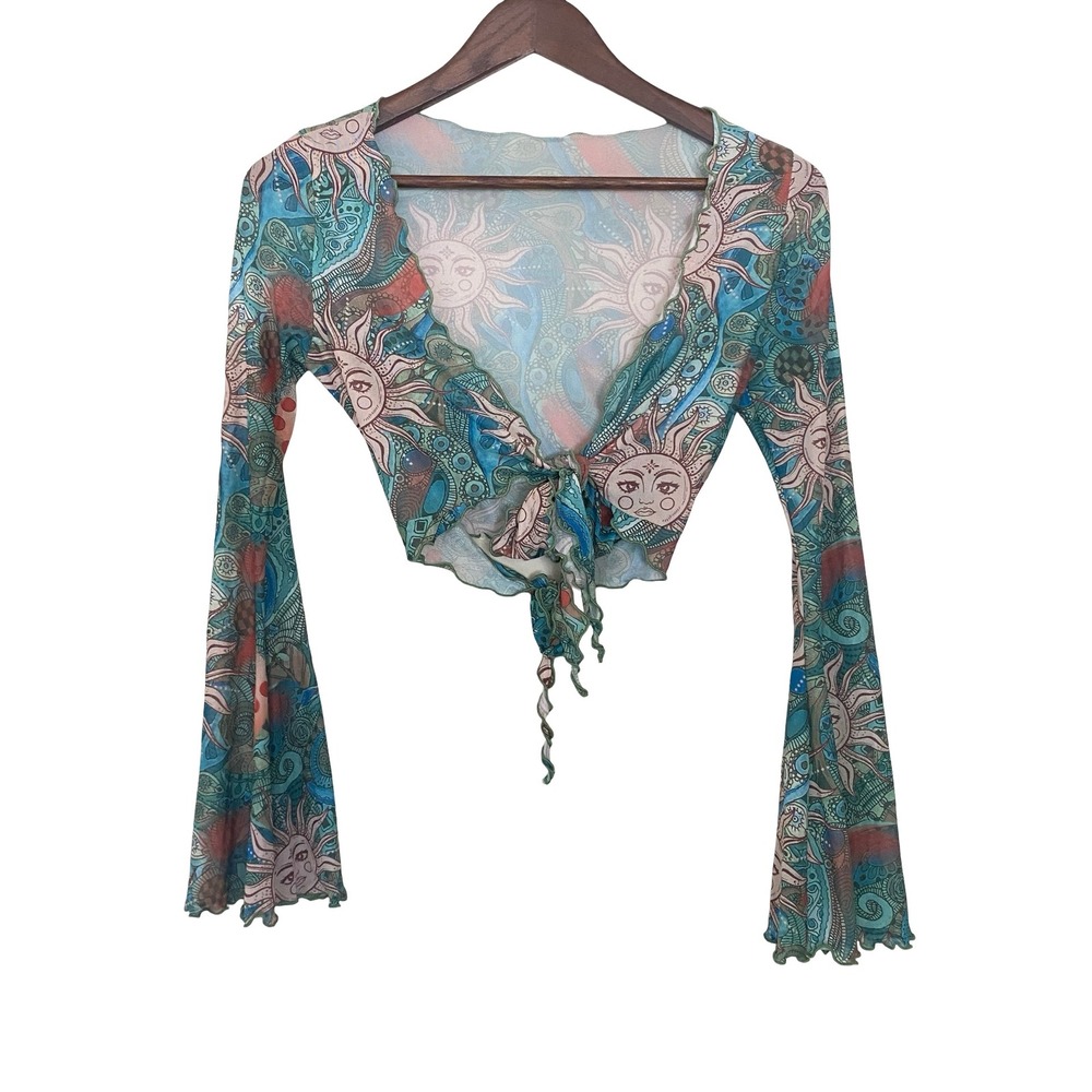 JITAI Sun Moon Celestial Women Tie Front Mesh Crop Top Large Blue Bell Sleeve